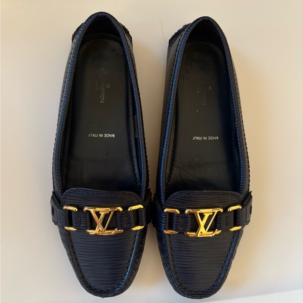 Louis Vuitton Blue and Gold Loafers